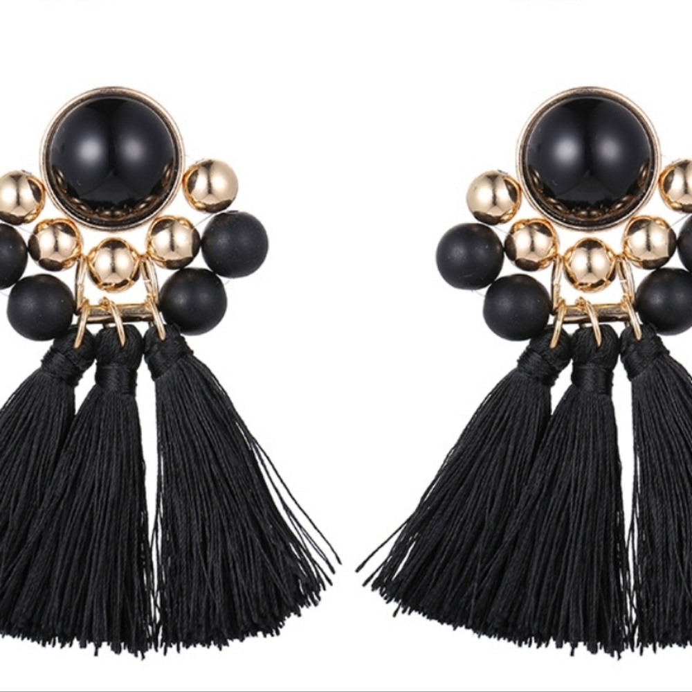 Beaded fringed Earrings - Black